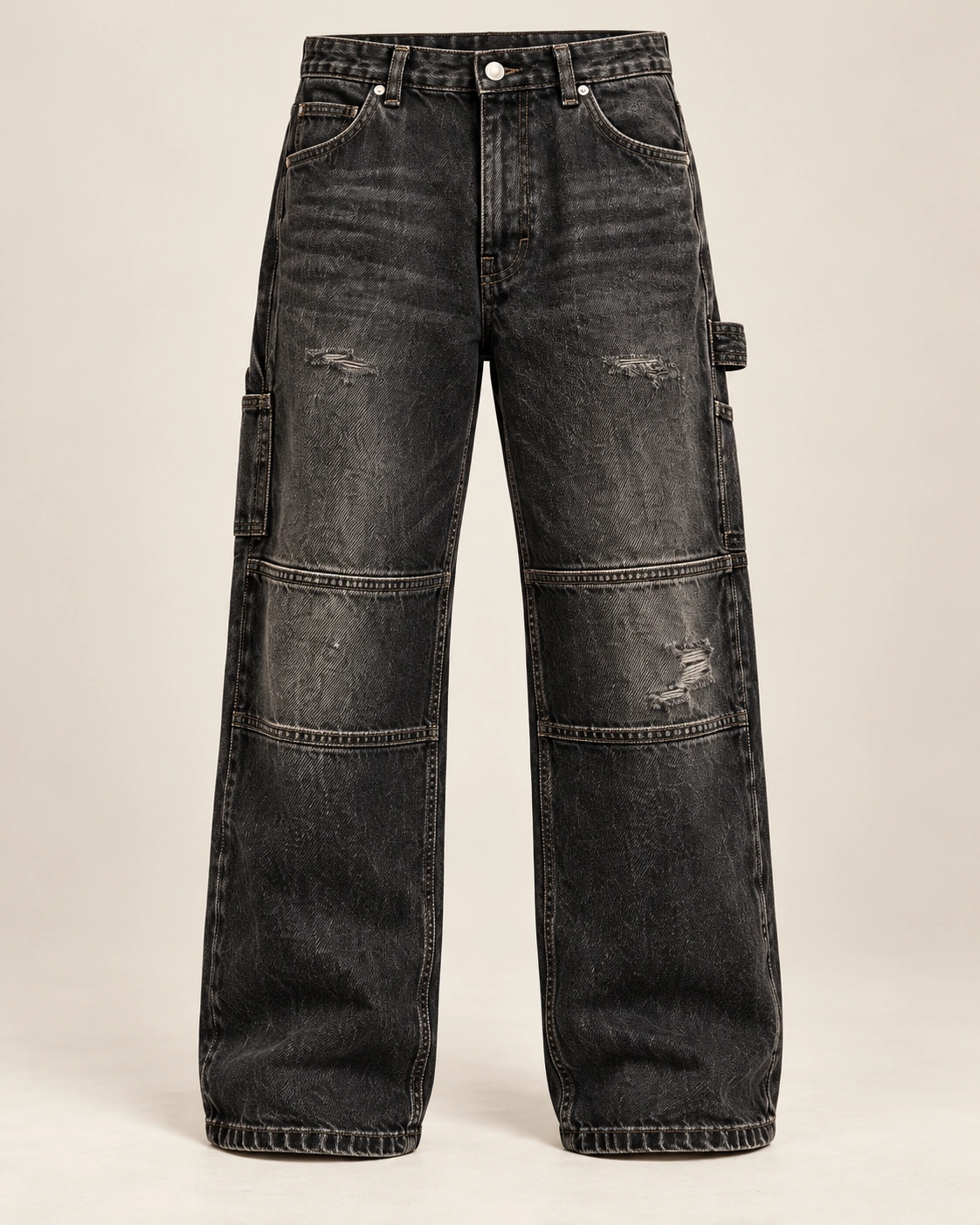 Distressed Carpenter Denim in Washed Black, front view